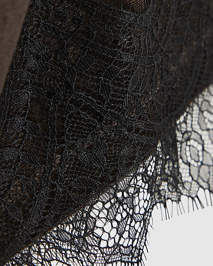 Petite Brown Lace Trim Velvet Mini Dress