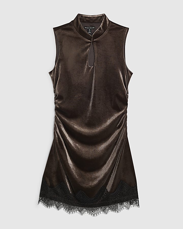 Petite Brown Lace Trim Velvet Mini Dress