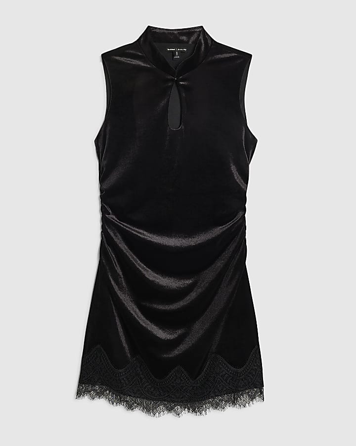 Petite Black Lace Trim Velvet Mini Dress