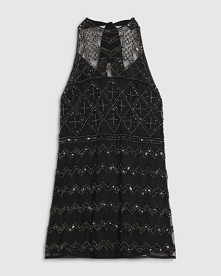 Black Halter Neck Embellished Mini Dress