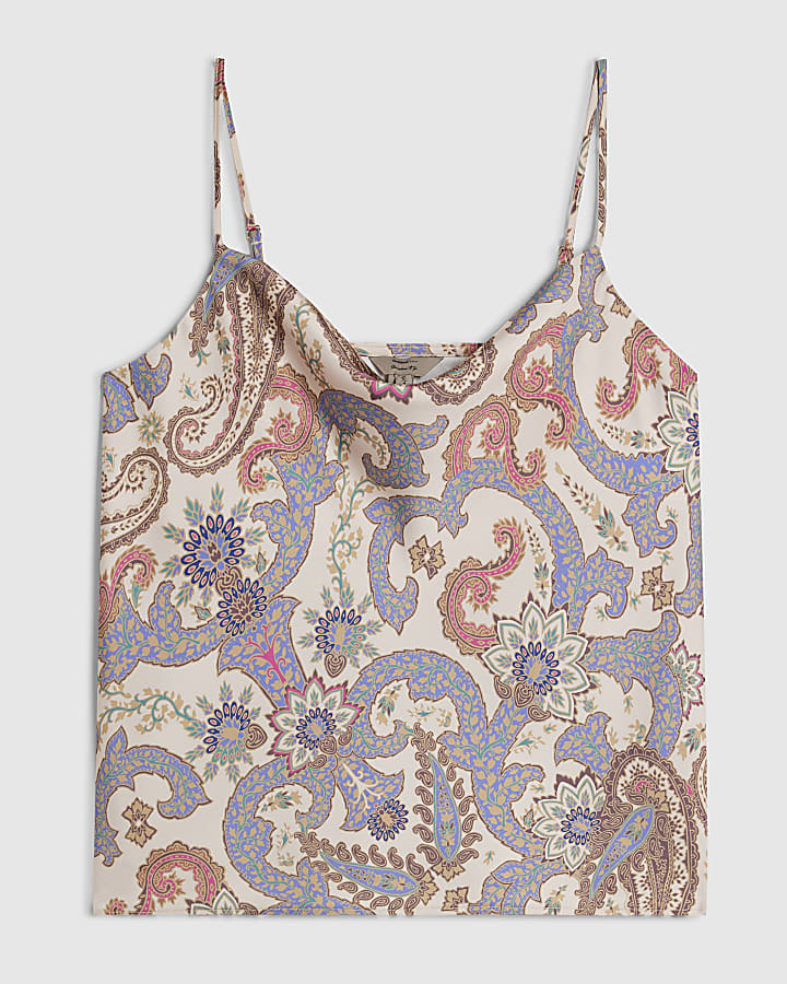 Beige Paisley Cowl Neck Cami Top