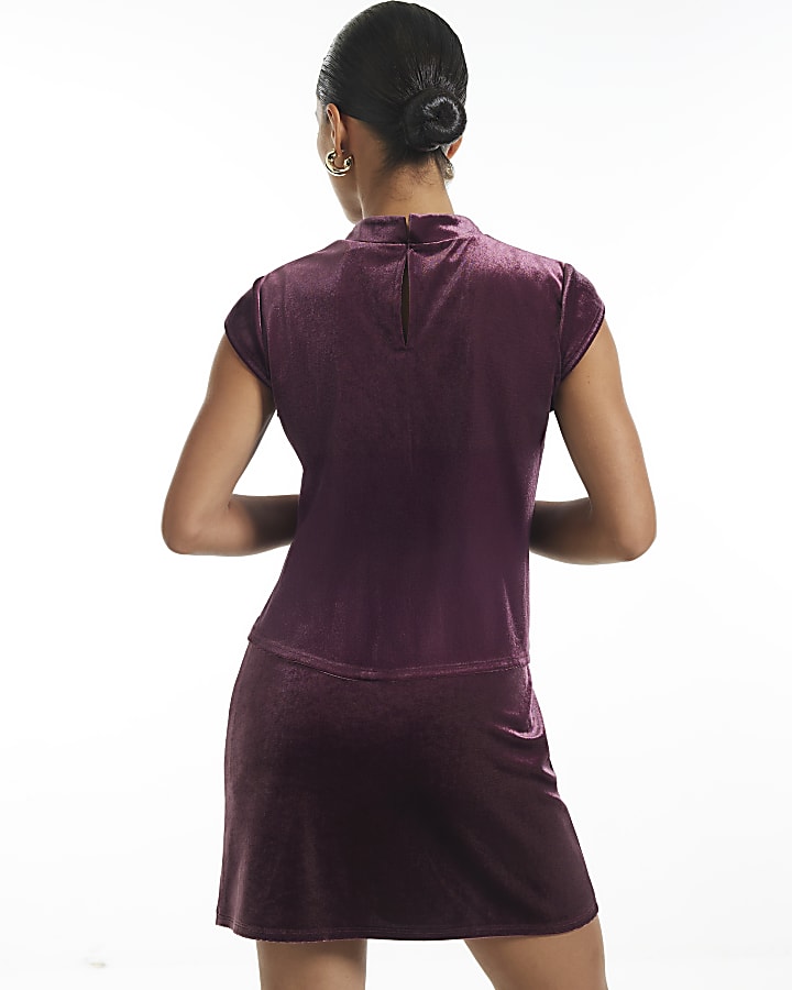 Petite Burgundy Velvet Button Stand Up Top
