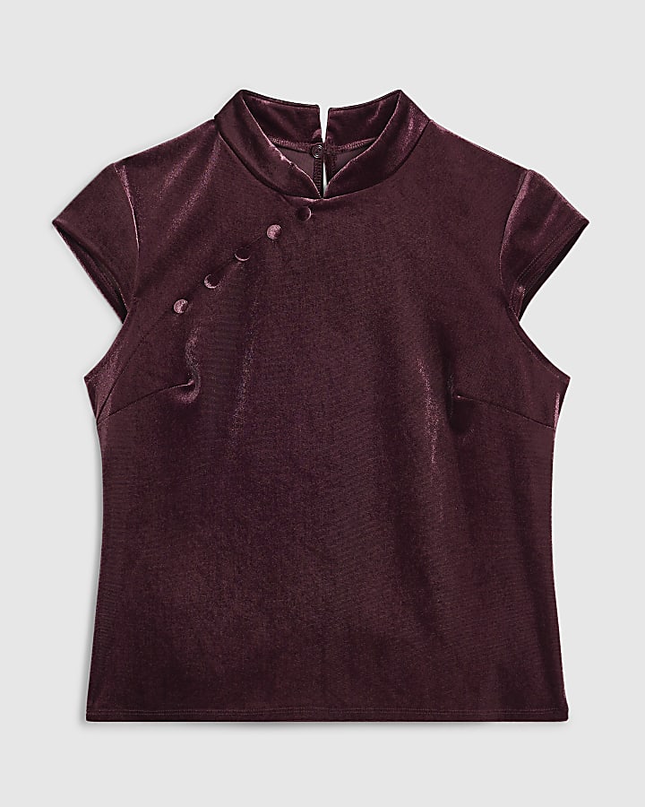 Petite Burgundy Velvet Button Stand Up Top