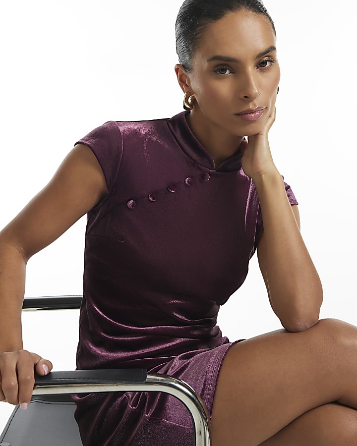 Petite Burgundy Velvet Button Stand Up Top
