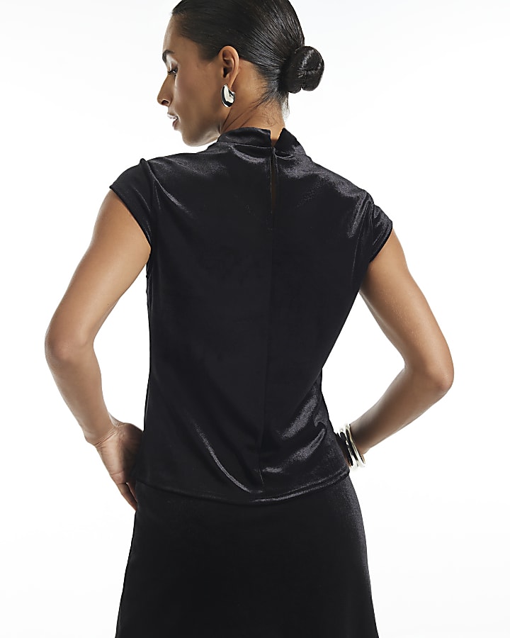 Petite Velvet Button Stand Up Collar Top