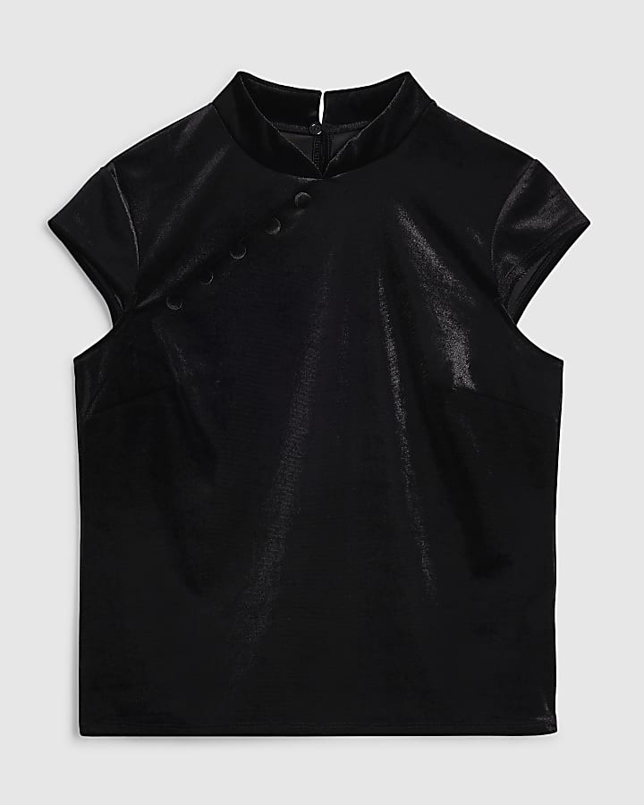 Petite Velvet Button Stand Up Collar Top