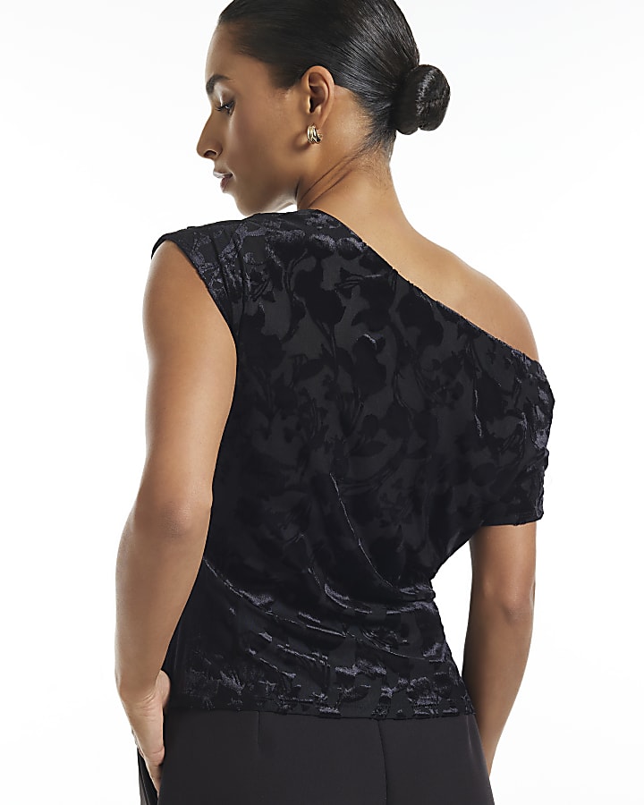 Petite Black Devore Asymmetric Drape Top