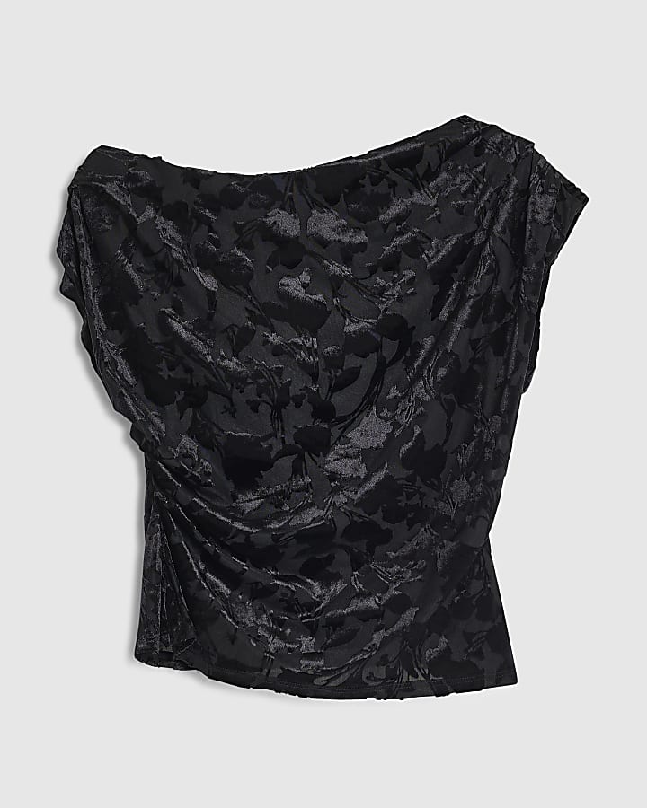 Petite Black Devore Asymmetric Drape Top