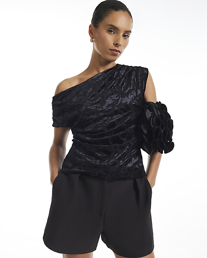 Petite Black Devore Asymmetric Drape Top