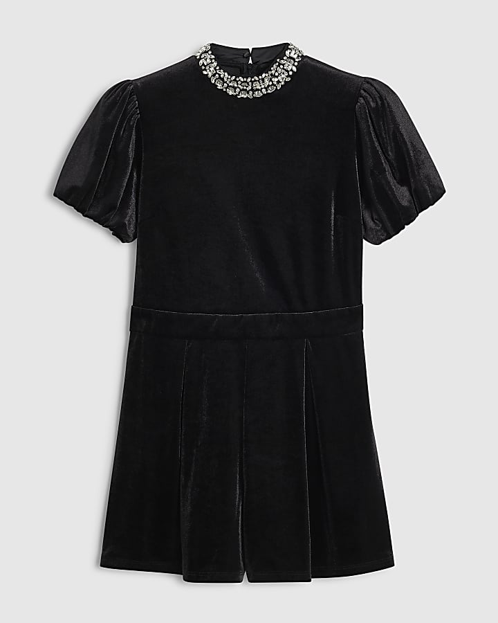 Petite Black Velvet Embellished Neck Playsuit