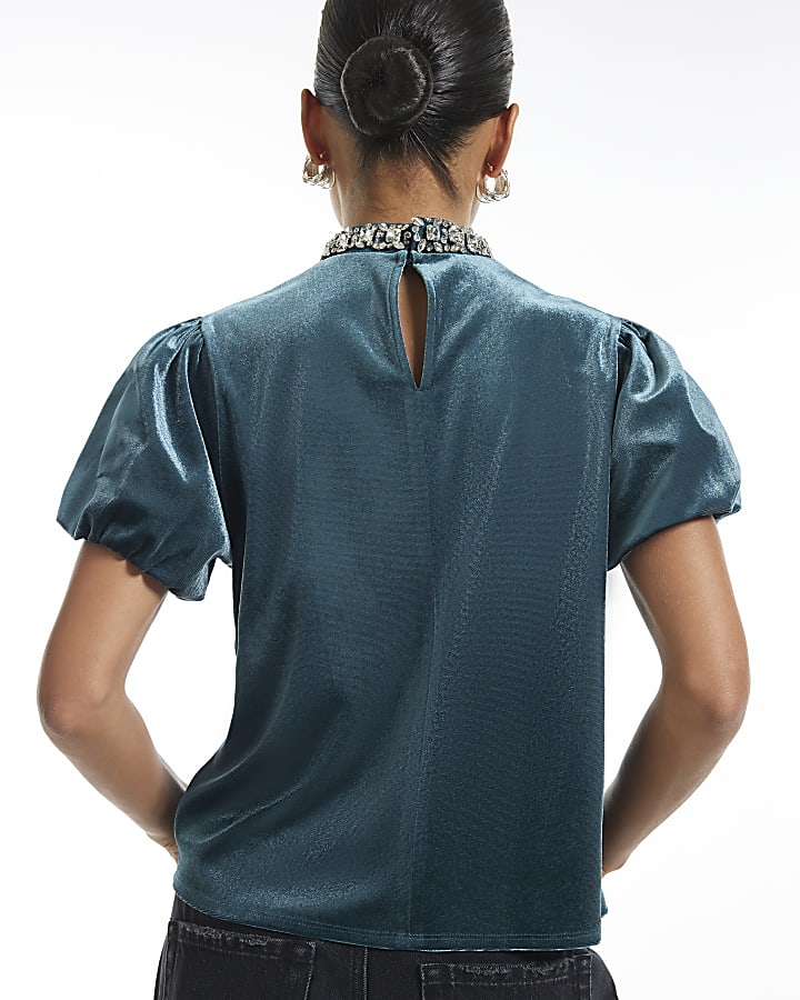 Petite Blue Velvet Embellished Top