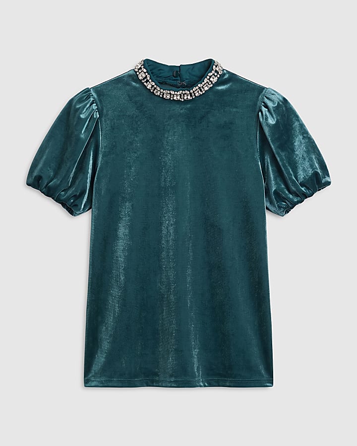 Petite Blue Velvet Embellished Top