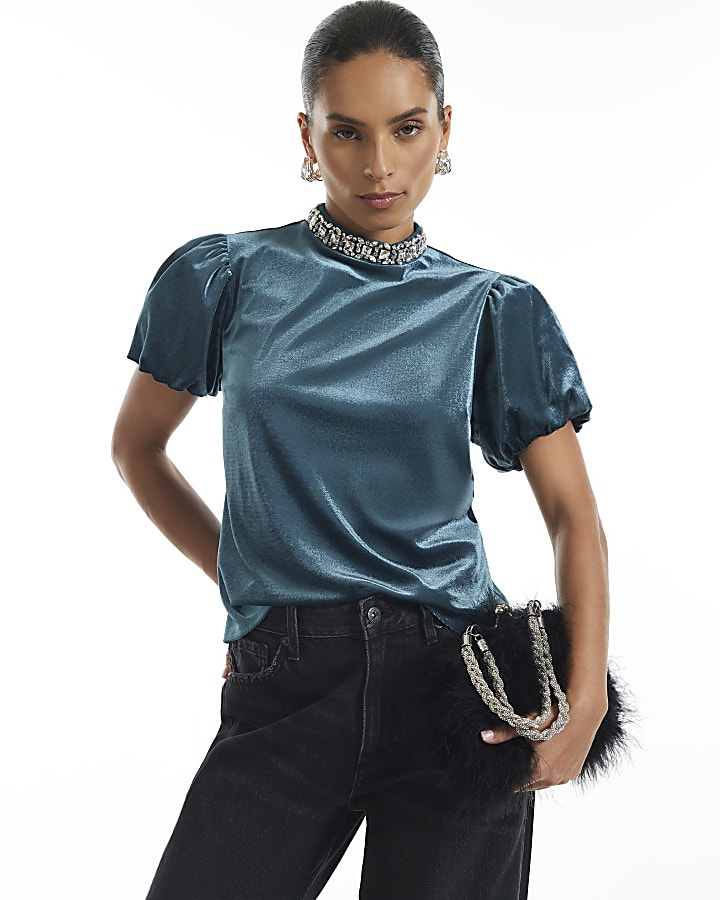 Petite Blue Velvet Embellished Top