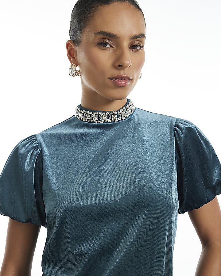 Petite Blue Velvet Embellished Top