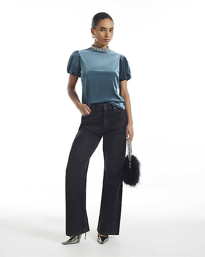Petite Blue Velvet Embellished Top