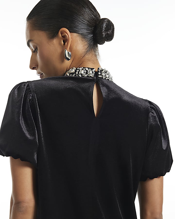 Petite Black Embellished Velvet Top