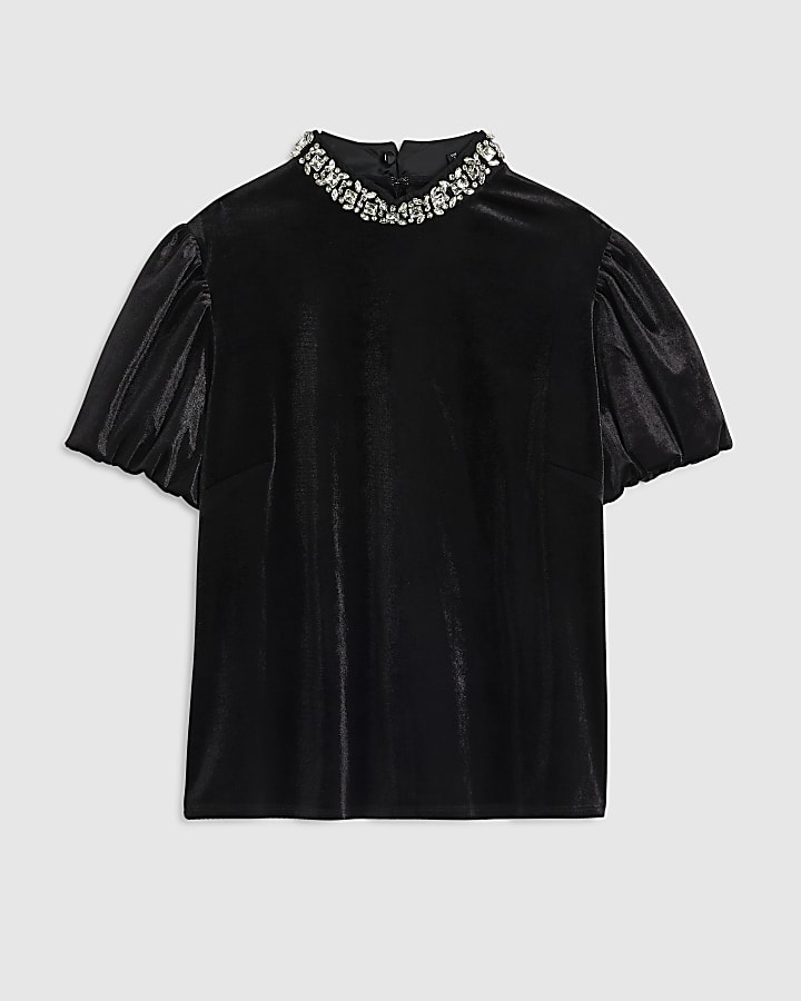 Petite Black Embellished Velvet Top