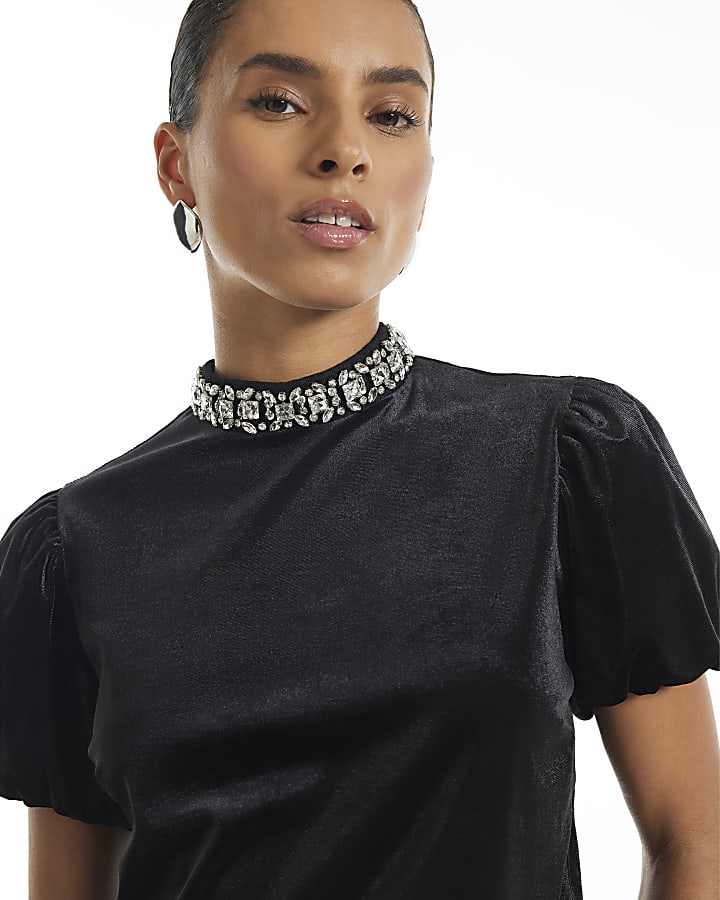 Petite Black Embellished Velvet Top