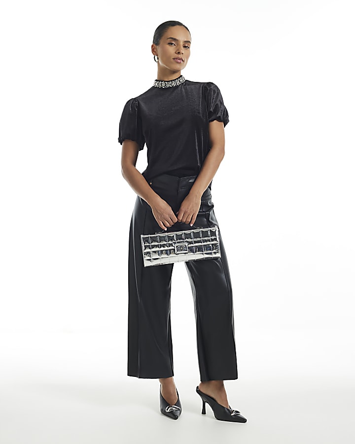 Petite Black Embellished Velvet Top