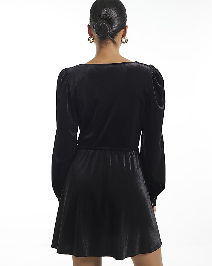 Petite Black Tie Front Velvet Mini Dress