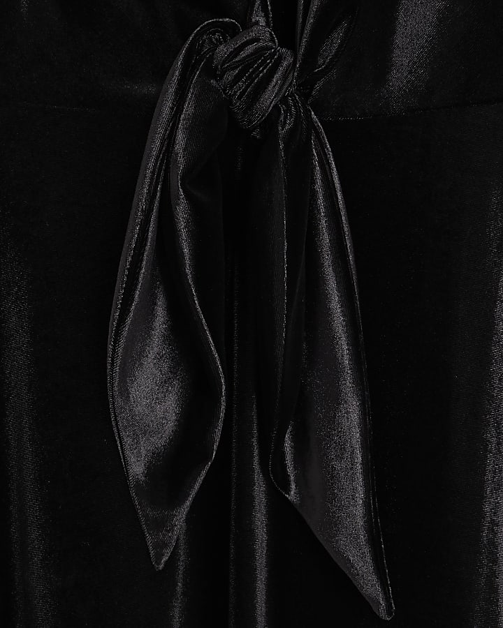 Petite Black Tie Front Velvet Mini Dress