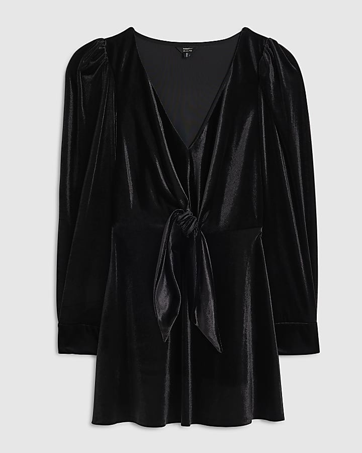 Petite Black Tie Front Velvet Mini Dress