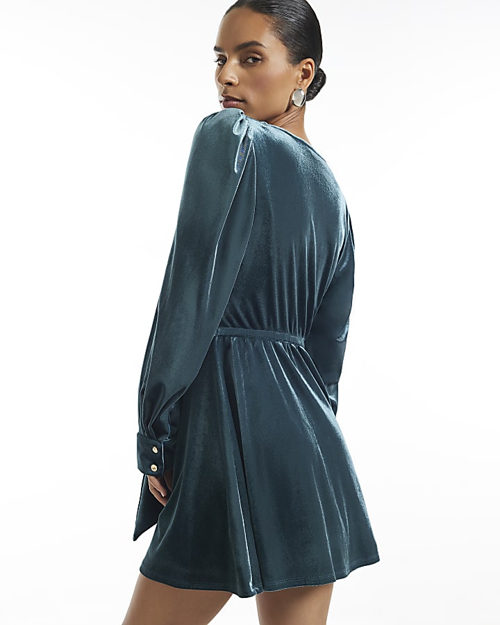 Petite Blue Tie Front Velvet Mini Dress