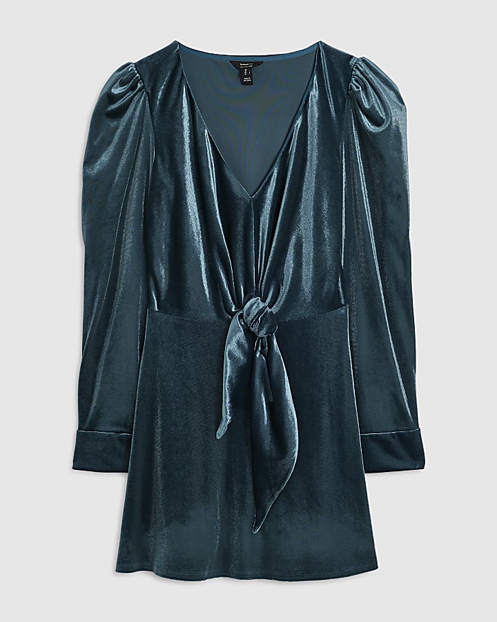 Petite Blue Tie Front Velvet Mini Dress