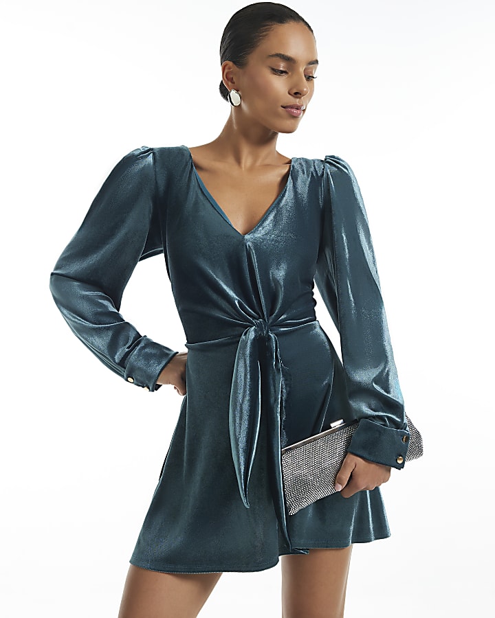 Petite Blue Tie Front Velvet Mini Dress