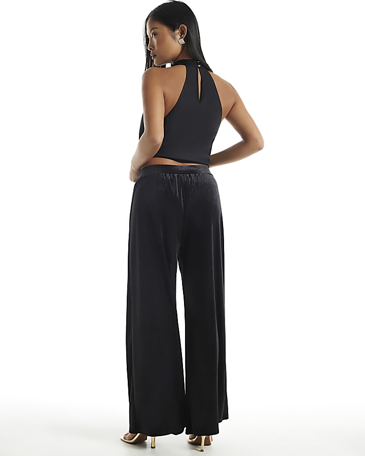 Petite Black Velvet Wide Leg Trousers