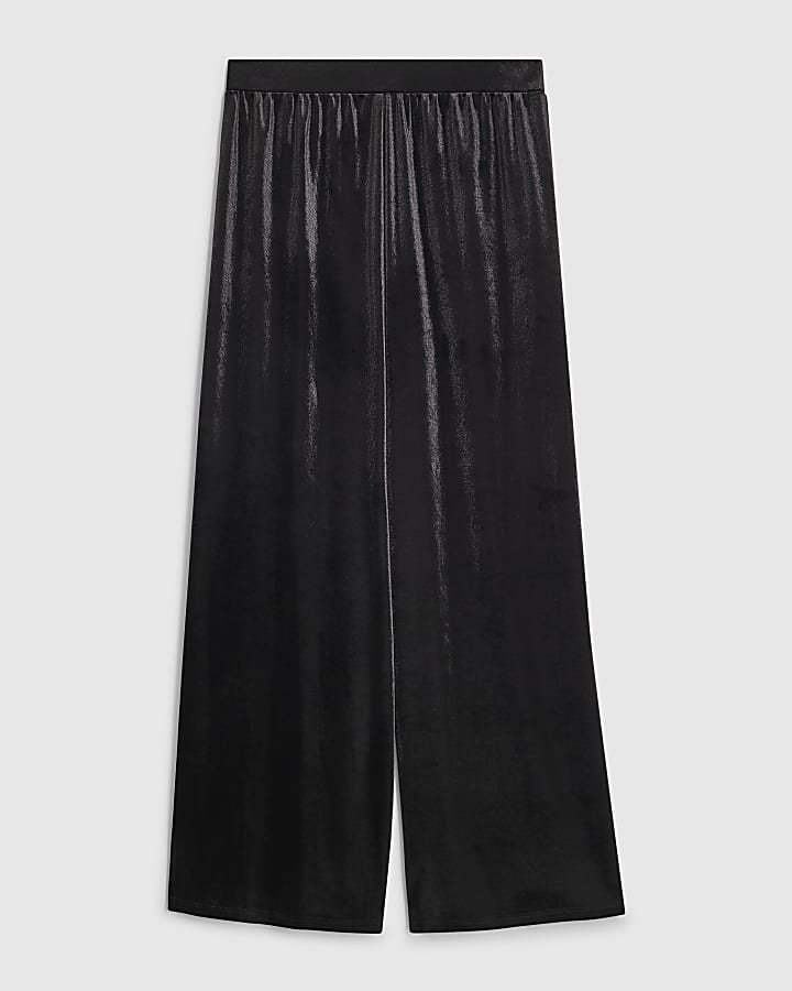 Petite Black Velvet Wide Leg Trousers
