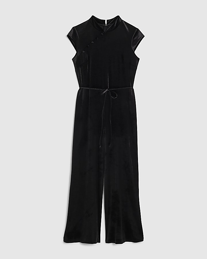 Petite Black Velvet Stand Up Collar Jumpsuit