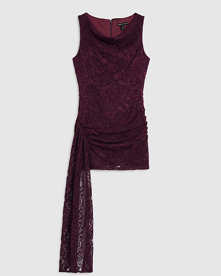 Burgundy Velvet Lace Cowl Mini Dress