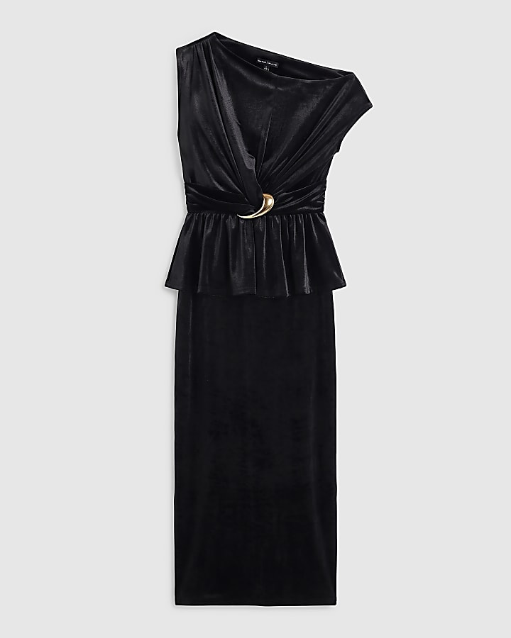 Black Velvet Asymmetric Buckle Midi Dress