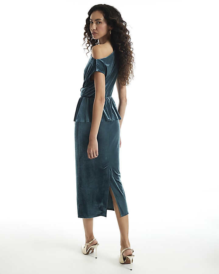 Blue Velvet Asymmeric Drape Buckle Midi Dress