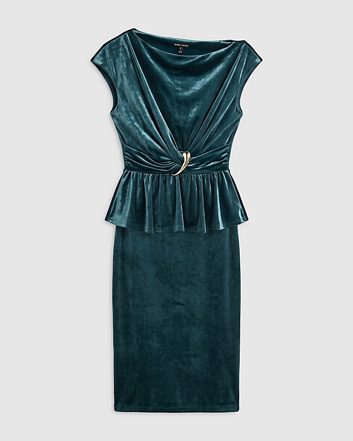 Blue Velvet Asymmeric Drape Buckle Midi Dress