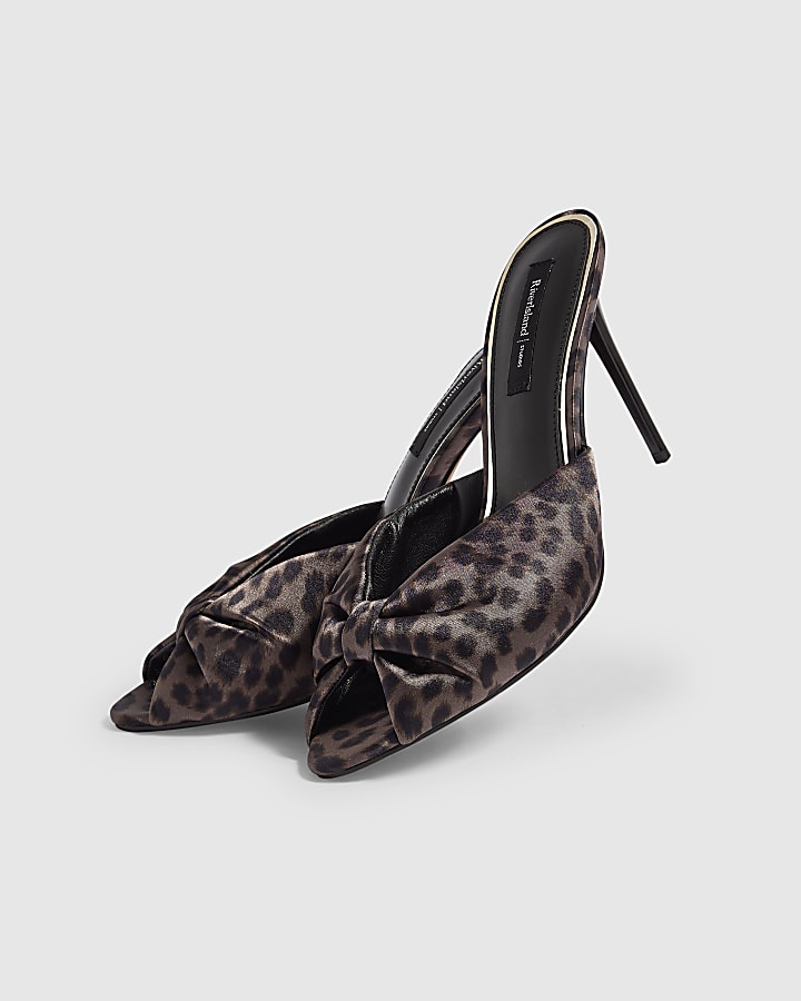 Brown Leopard Gathered Mule Heeled Sandals