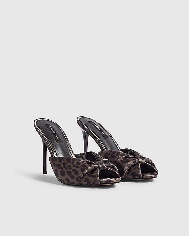 Brown Leopard Gathered Mule Heeled Sandals