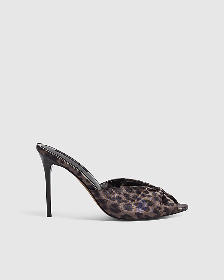 Brown Leopard Gathered Mule Heeled Sandals