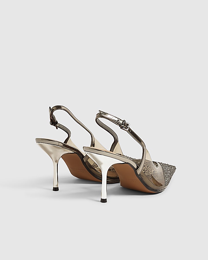 Grey Embellished Slingback Court Heels
