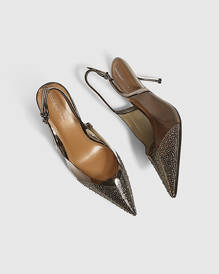 Grey Embellished Slingback Court Heels