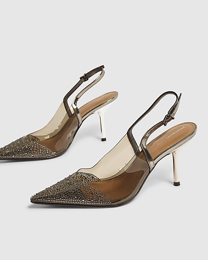 Grey Embellished Slingback Court Heels