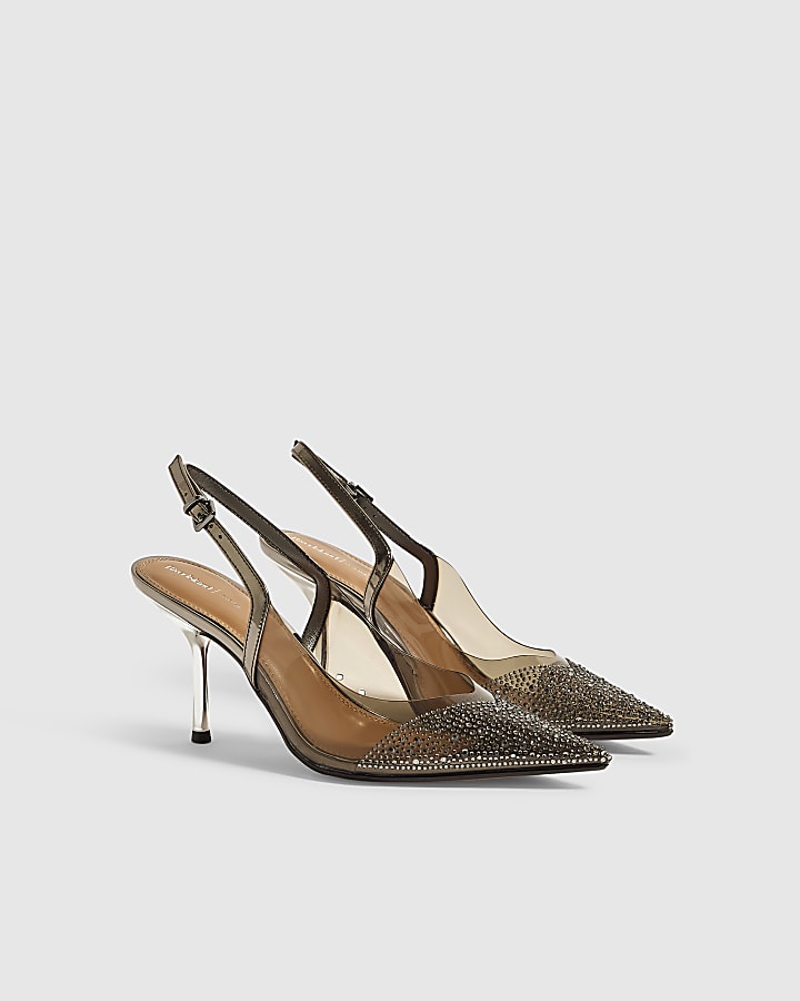 Grey Embellished Slingback Court Heels