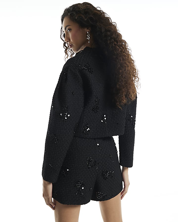 Black Boucle Sequin Embroidered Jacket