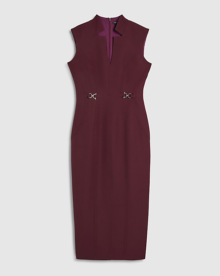 Red Notch Neck Belted Midi Dress
