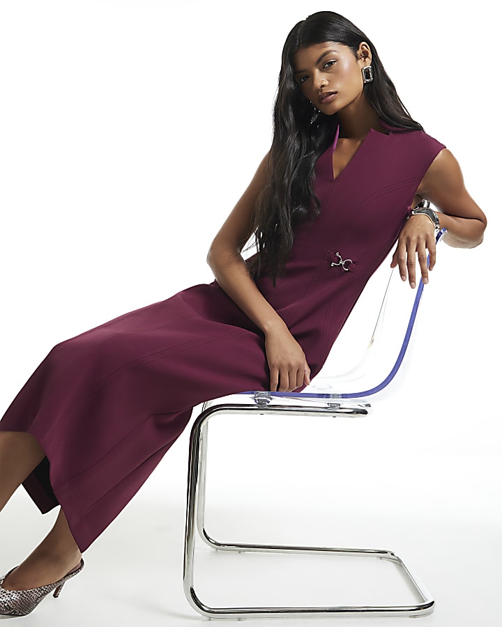 Red Notch Neck Belted Midi Dress