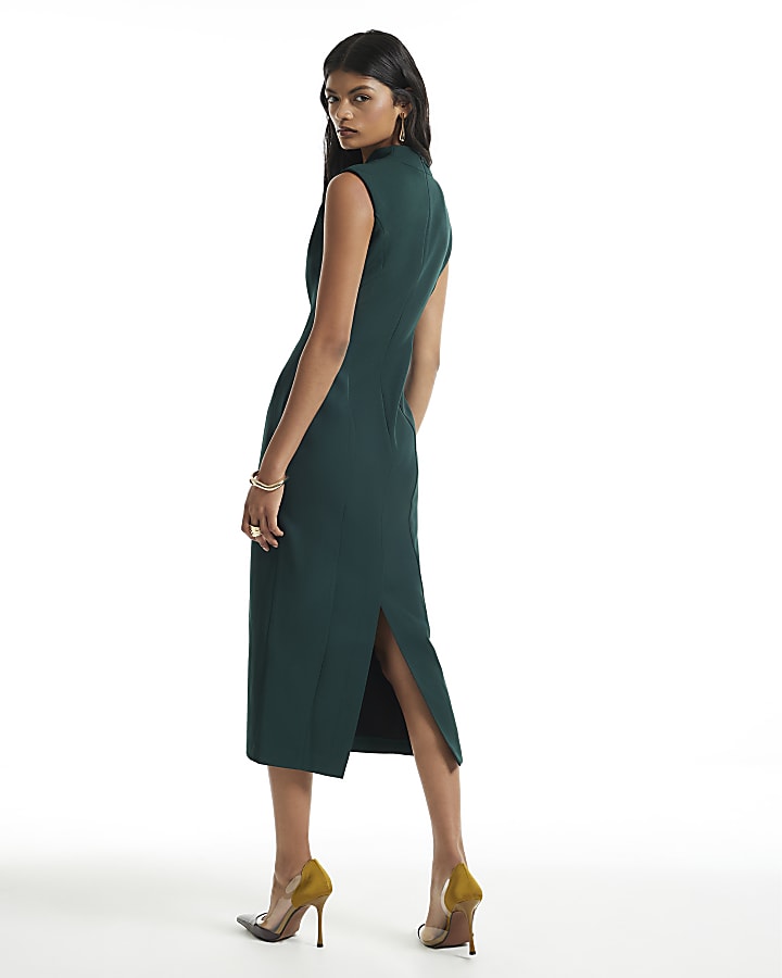 Green Notch Neck Belted Midi Dress