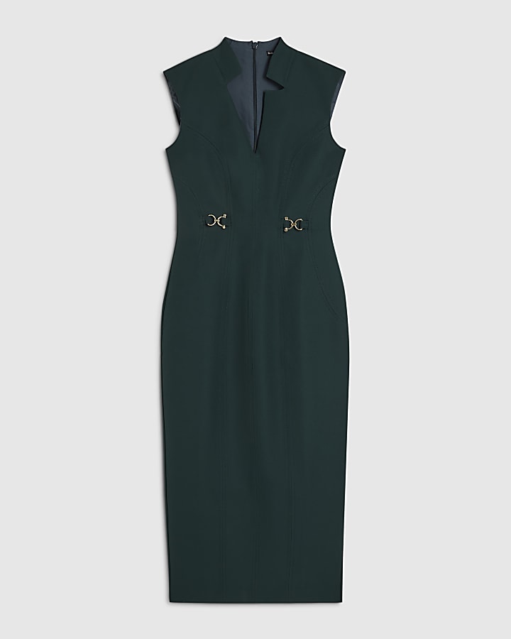 Green Notch Neck Belted Midi Dress