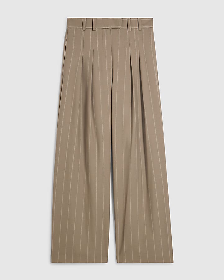 Beige Stripe Wide Leg Trousers
