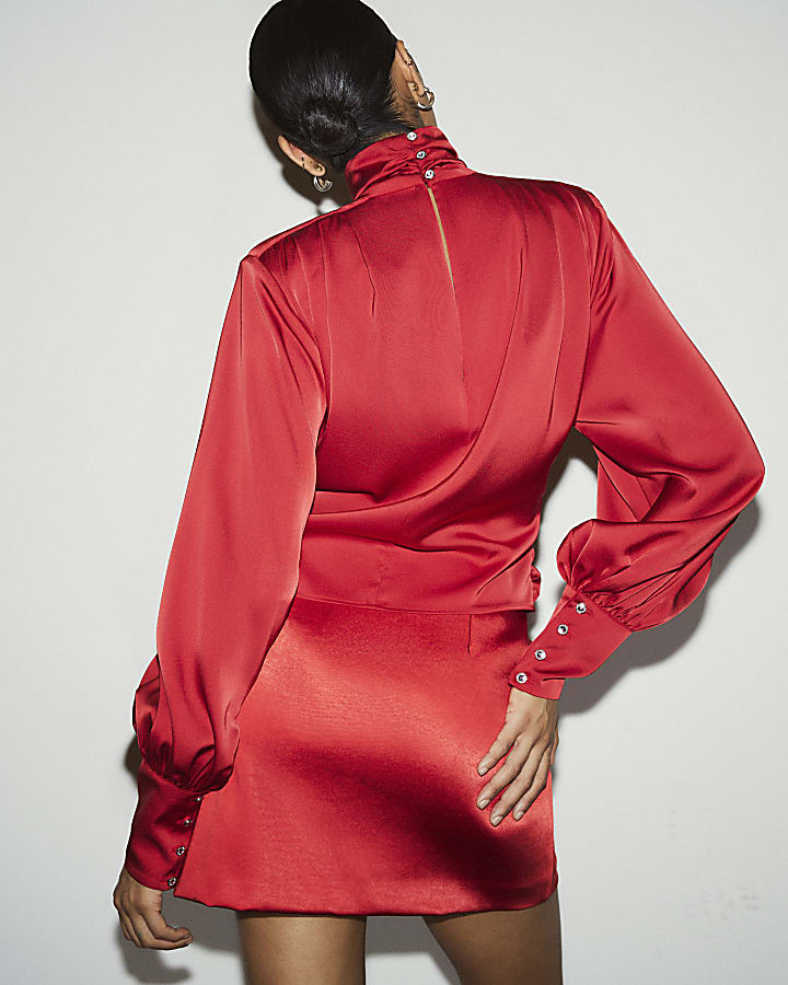 Red Funnel Neck Satin Top
